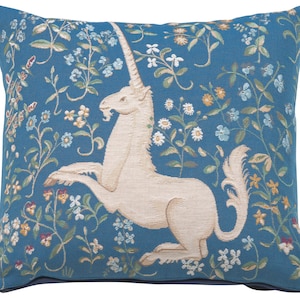 Licorne Fleuri ブルータペストリークッションカバー - 中世クッションカバー - 19 x 19 インチ ユニコーンアートクッションカバー - 装飾ソファ枕カバー