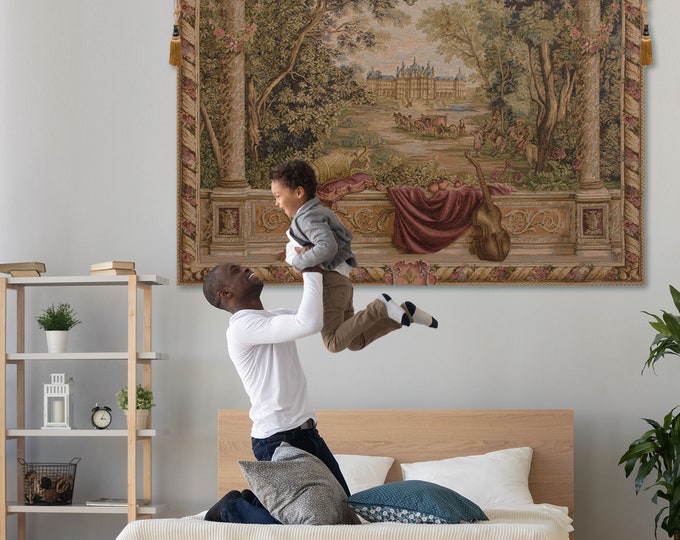 Woven Jacquard Tapestry: Antique European Castle Landscape - Medieval Wall Hanging