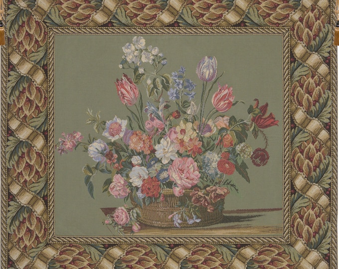 Vintage Belgian Jacquard Floral Basket Woven Wall Tapestry Art Hanging Decor