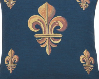 Funda de cojín tapiz Fleur de Lys de 48 x 48 cm, tejido jacquard azul y dorado.