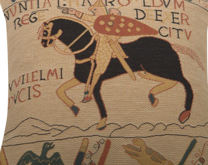 Bayeux Horse Tapestry Throw Pillow Cover 14x14 in Belgian Woven Medieval Cushion Decor