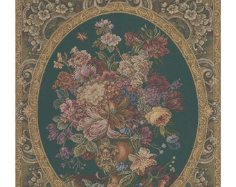 Floral Composition in Vase Green European Wall Tapestry - Flower Bouquet Wall Decor Art - Decorative Wall Tapestry - Jacquard Wall Hanging