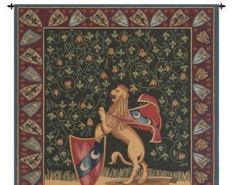 Lion Medieval European Wall Tapestry - Millefleurs Background Wall Decor Art - Woven Italian Wall Tapestry - Unicorn Lover Wall Hanging