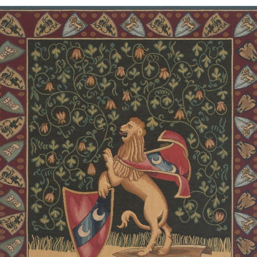 Lion Medieval European Wall Tapestry - Millefleurs Background Wall Decor Art shops - Woven Italian Wall Tapestry - Unicorn Lover Wall Hanging