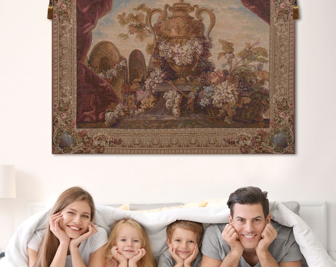 Vase and Raisins Tapestry: French Woven Floral Wall Hanging