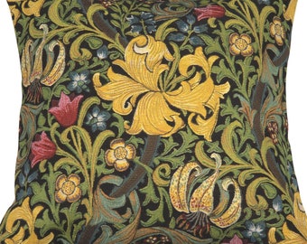 William Morris Golden Lily Tapestry Pillow Cover 18x18 inch - Belgian Woven Black Cushion Cover - Medieval Decorative Throw Pillow Covers
