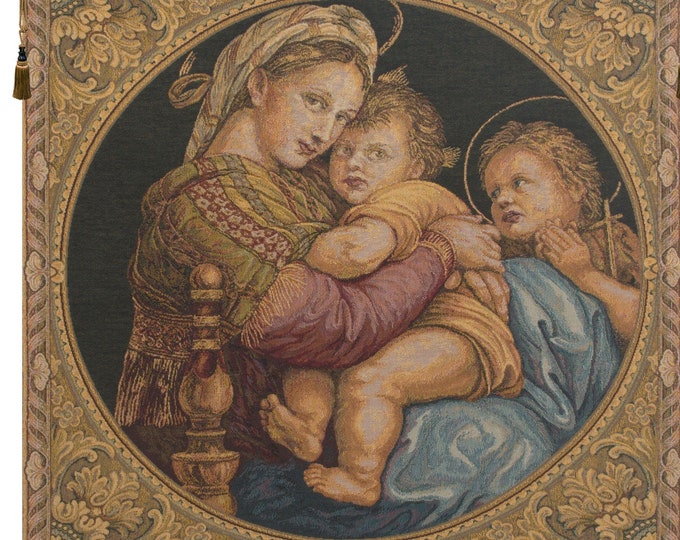 Madonna della Seggiola European Jacquard Wall Tapestry - Religious Woven Belgian Art Decor Hanging