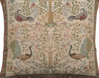 Tree of Life Peacock Throw Pillow Cover French Jacquard Bird Cushion Vintage Decor 19x19