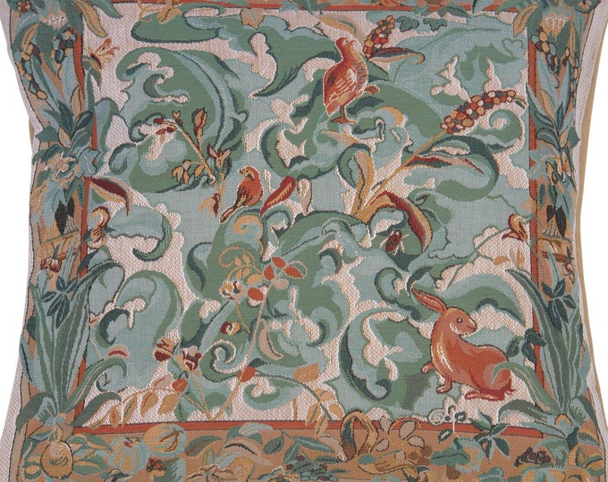 Jacquard Woven Cushion Cover: Aristoloches Animals & Vines, French Tapestry Pillow (19x19 inch)