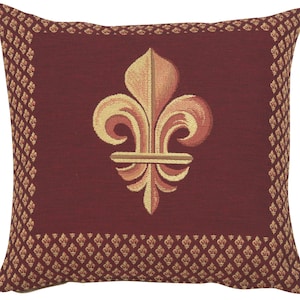 Capa de almofada emoldurada com tapeçaria vermelha em flor de lis | Jacquard tecido na França | Almofada decorativa 19x19 em flor de lis vermelha e dourada
