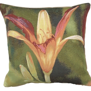 French Tapestry Pillow Cover: Orange Lily Floral, Gobelin Woven (19x19 In)