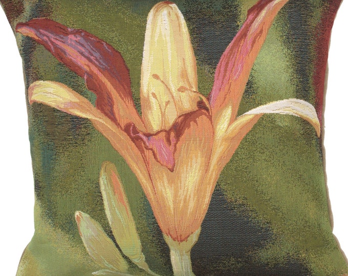 French Tapestry Pillow Cover: Orange Lily Floral, Gobelin Woven (19x19 In)