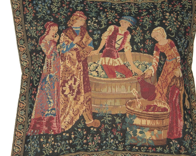 Medieval Wine Press Jacquard Tapestry Cushion Cover - 18x18 Inch  European Floral Gobelin Pillow Case