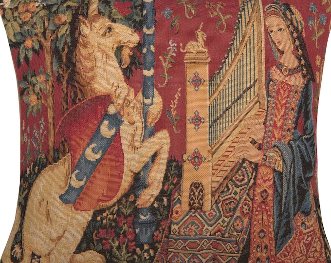 Belgian Tapestry Pillow Cover Medieval Lady Unicorn 14x14 Jacquard Woven Art Cushion Case
