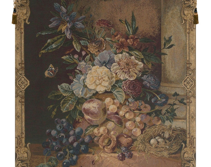 Floral Bouquet Wall Tapestry: Belgian Woven Flower Art (31x26 inch)