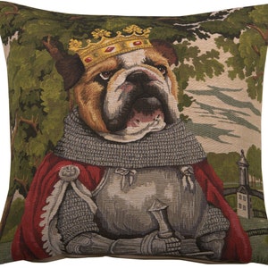 Belgian Chien Arthur Cushion Cover, 18x18 Woven in Belgium BullDog Decor, Pillow, Tapestry Medieval Knight Armour Unique Gift image 1