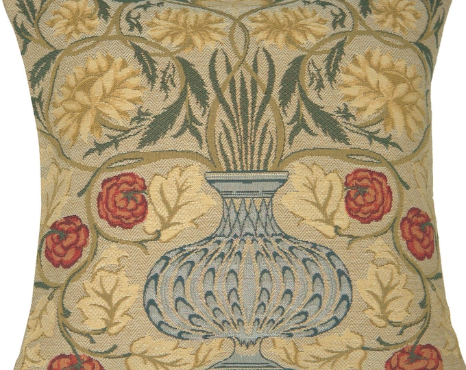 William Morris Rose Floral Tapestry Pillow Cover 18x18 inch - Woven Beige Cushion Cover - Decorative Throw Pillow Case for Sofa or Couch