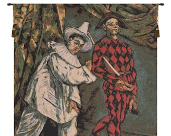 Pierrot and Harlequin European Wall Tapestry - Fine Art Wall Hanging - Jacquard Belgian Wall Tapestry - Unique Woven Wall Decor Art
