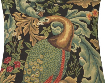William Morris Peacock Tapestry Pillow Cover – Woven Decorative Cushion Cover – Black Forest Throw Pillows Case for Couch