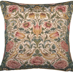 Elegant William Morris Floral Pillow Cover - White Roses & Birds, 19x19 Inch, French-Woven