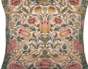 Elegant William Morris Floral Pillow Cover - White Roses & Birds, 19x19 Inch, French-Woven