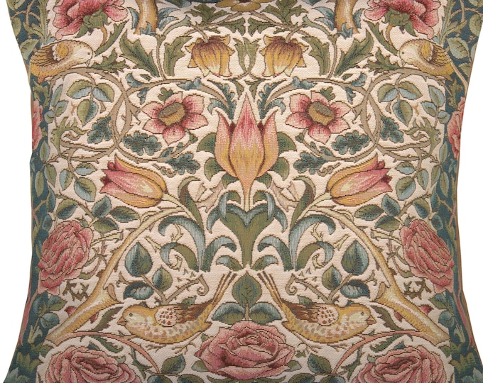 Elegant William Morris Floral Pillow Cover - White Roses & Birds, 19x19 Inch, French-Woven