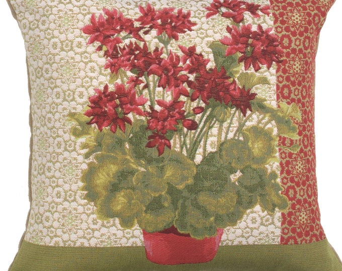 Red Geranium Tapestry Throw Pillow Cover - French Floral Cushion (19x19)