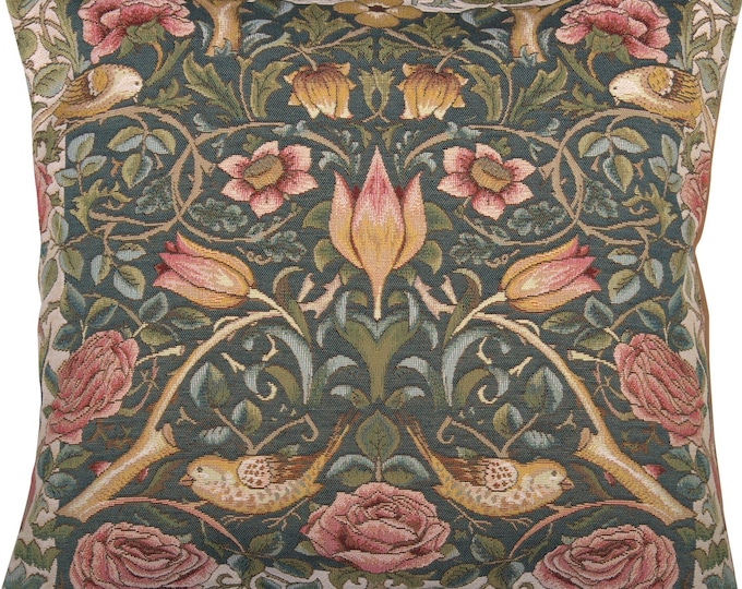William Morris Tapestry Pillow Cover: Roses & Birds, 19x19 Floral Cushion Case