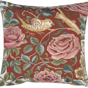 Jacquard Woven Bird and Roses Pillow Cover: William Morris Style