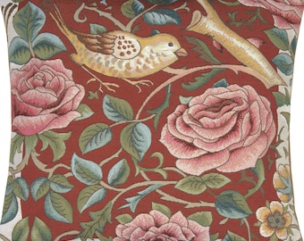 Jacquard Woven Bird and Roses Pillow Cover William Morris Style Floral Cushion Decor
