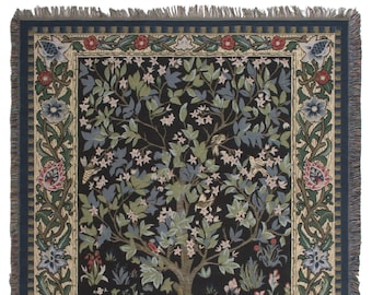 Tree of Life Tapestry Throw 58x58 inch – William Morris Art Blanket – Belgian Woven Square Throw Home Decor