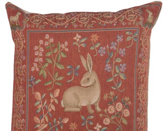 Rabbit Tapestry Throw Pillow Cover | Millefleurs Jacquard Woven Cushion Cover | 19x19 inch Medieval Pillow Cover | Tapestry Throw Pillow