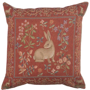 Tapisserie médiévale en forme de lapin, taie d'oreiller, coussin tissé français 19 x 19 pouces, housse de protection vintage, décoration d'intérieur vintage