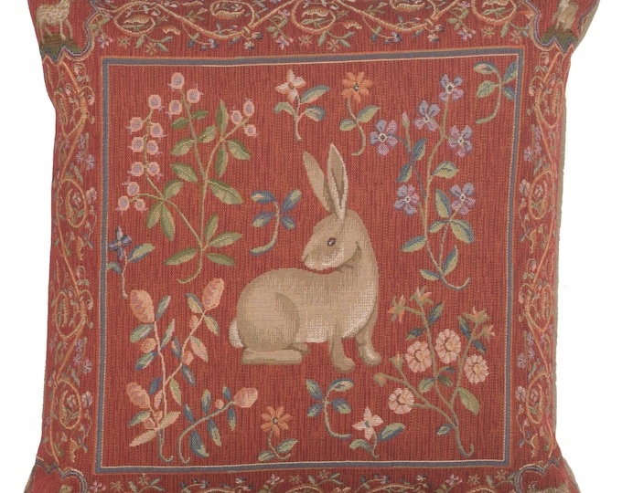 Medieval Rabbit Tapestry Pillow Cover French Woven Cushion 19x19 Inch Throw Case Vintage Home Decor