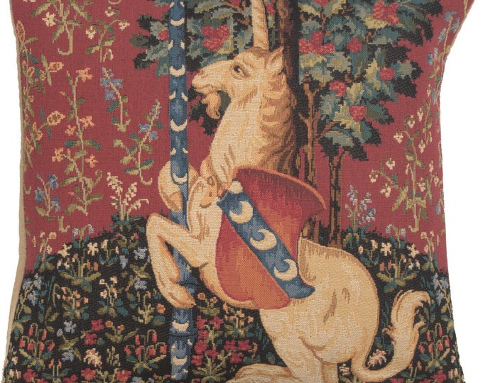 Belgian Woven Medieval Unicorn Tapestry Pillow Cover - 18x18 Decorative Cushion Case for Home Decor