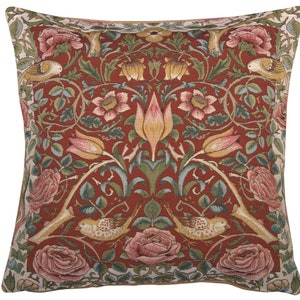 Red Roses and Birds Tapestry Pillow Cover: Woven Floral Cushion Case