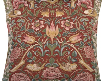 Roses and Birds Tapestry Pillow Cover - Red Woven Cushion Case - Floral Decorative Throw Pillow Cover for Sofa