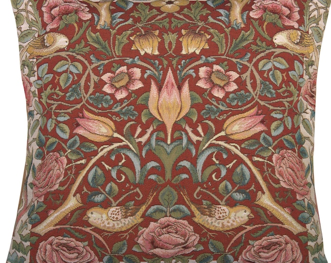 Red Roses and Birds Tapestry Pillow Cover: Woven Floral Cushion Case