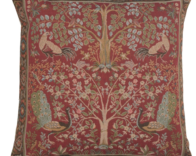 Medieval Tree of Life Tapestry Pillow Cover: Belgian Woven Cotton Cushion (19x19 inch)