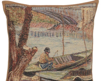 Peche au Printemps French Tapestry Cushion Cover - Gobelin Sofa Pillow Cover - 16x16 inch Throw Pillow Cover - Woven Cushion Cover