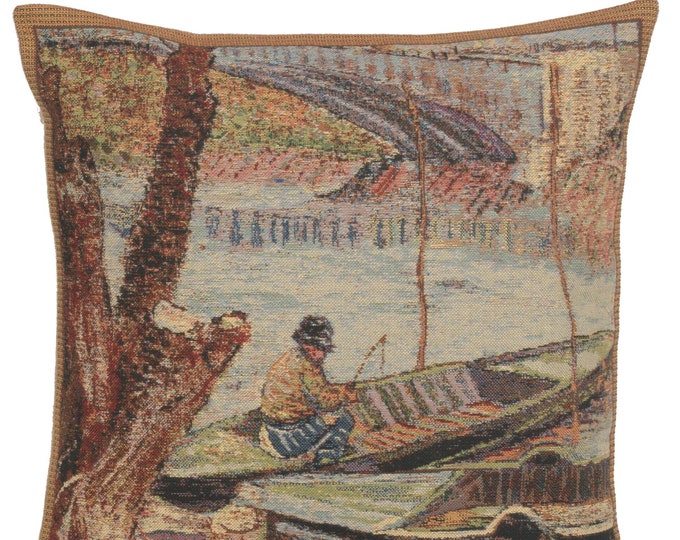 Van Gogh Tapestry Cushion Cover: French Fishing Scene Throw Pillow (16x16 inch)