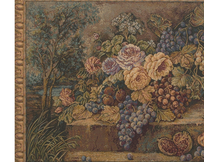 European Floral Grapes Jacquard Woven Tapestry Wall Hanging - Vintage-Inspired Home Decor (26x40 inch)