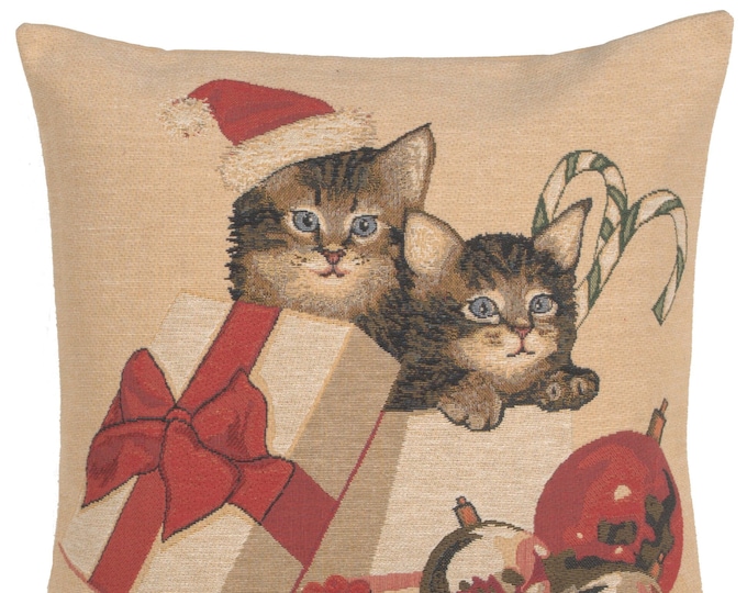 Woven Christmas Kitties Pillow Cover: Belgian Tapestry Cushion (18x18)