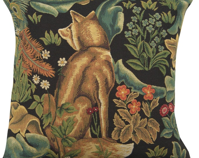 William Morris Black Forest Fox Tapestry Pillow Cover - 18x18 Belgian Woven Cushion Case