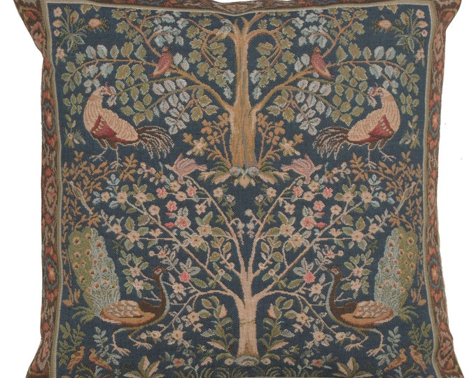 French Woven Tapestry Pillow Cover: Blue Bird Print, 19x19 inch