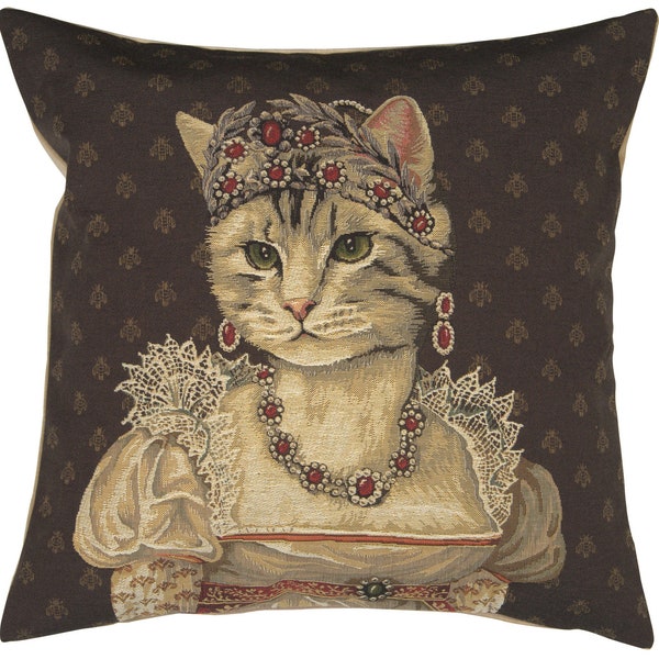 Housse de coussin tissée en jacquard jacquard Chat Josephine, motif chat royal avec couronne, coussin décoratif, 18 x 18 - Cadeau décoration d'intérieur pour femme