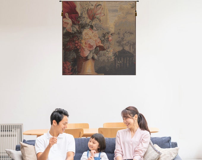 Vintage European Floral Kiosk Wall Tapestry - Decorative Woven Medieval French Hanging Art