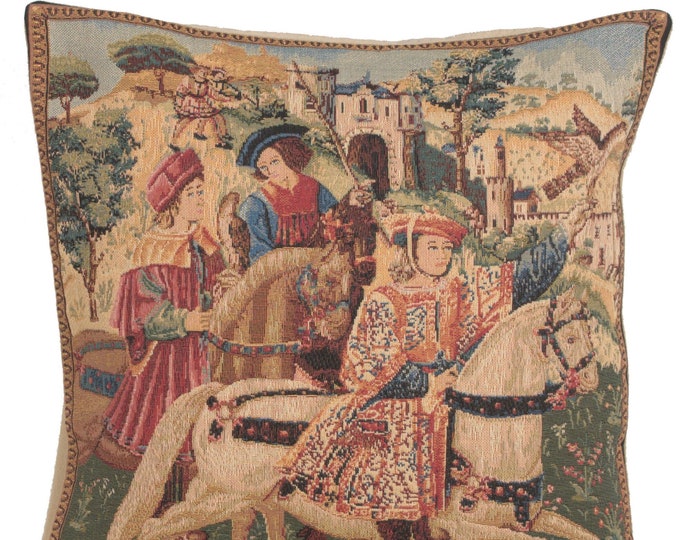 Medieval Hawking Scene Tapestry Cushion Cover: Woven European Cotton Pillow