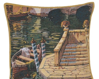 Varenna Reflections Boat Belgian Tapestry Cushion Cover - 17x17 inch Square Lake Art Sofa Cushion Cover - Gobelin Jacquard Pillow Cover