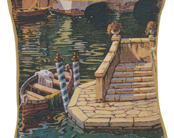 Lake Como Varenna Boat Art Belgian Jacquard Tapestry Pillow Cover 17x17 Decorative Cushion